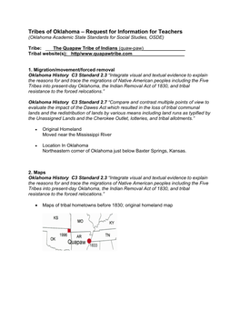 Tribes of Oklahoma – Request for Information for Teachers (Oklahoma Academic State Standards for Social Studies, OSDE)