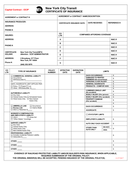 New York City Transit Certificate of Insurance (Capital Contract