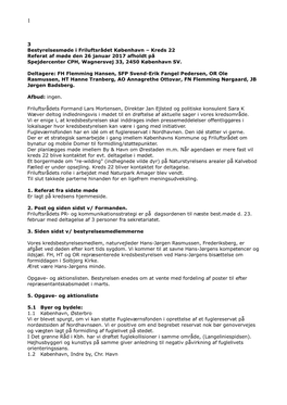 3 Bestyrelsesmøde I Friluftsrådet København – Kreds 22 Referat Af Møde Den 26 Januar 2017 Afholdt På Spejdercenter CPH, Wagnersvej 33, 2450 København SV