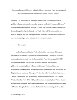 Ezra Tzfadya 2019 “Systematic Existence Philosophy and the Problem of Autonomy: Franz Rosenzweig and the Contemporary Irani