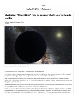 Mysterious "Planet Nine" May Be Causing Whole Solar System to Wobble