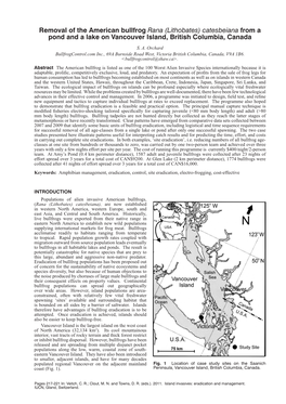 Removal of the American Bullfrog Rana (Lithobates) Catesbeiana from a Pond and a Lake on Vancouver Island, British Columbia, Canada