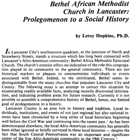 Bethel African Methodist Church in Lancaster: Prolegomenon to a Social History