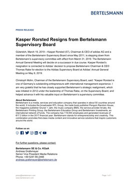 Kasper Rorsted Resigns from Bertelsmann Supervisory Board