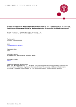 Global Neuropeptide Annotations from the Genomes and Transcriptomes of Cubozoa, Scyphozoa, Staurozoa (Cnidaria: Medusozoa), and Octocorallia (Cnidaria: Anthozoa)