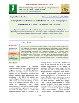 Serological Characterization in Cattle Serum for Listeria Monocytogenes