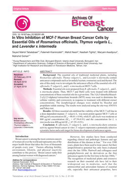 In Vitro Inhibition of MCF-7 Human Breast Cancer Cells by Essential Oils of Rosmarinus Officinalis , Thymus Vulgaris L., And