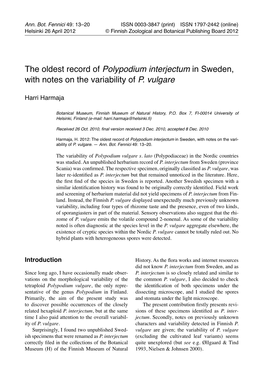 Polypodium Interjectum in Sweden, with Notes on the Variability of P