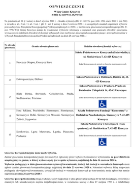 OBWIESZCZENIE Wójta Gminy Kroczyce Z Dnia 12 Czerwca 2020 Roku