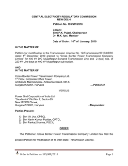 Order in Petition No. 195/MP/2018 Page 1 CENTRAL ELECTRICITY REGULATORY COMMISSION NEW DELHI Petition No. 195/MP/2018 Coram