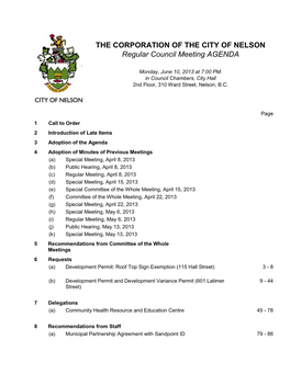 THE CORPORATION of the CITY of NELSON Regular Council Meeting AGENDA