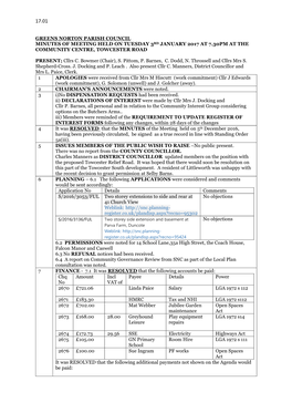 Greens Norton Parish Council Minutes of Meeting Held on Tuesday 3Rd January 2017 at 7.30Pm at the Community Centre, Towcester Road