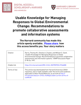 Usable Knowledge for Managing Responses to Global Environmental Change: Recommendations to Promote Collaborative Assessments and Information Systems