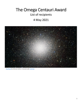 The Omega Centauri Award List of Recipients 4 May 2021