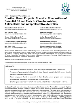 Brazilian Green Propolis: Chemical Composition of Essential Oil and Their in Vitro Antioxidant, Antibacterial and Antiproliferative Activities