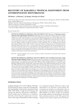 Recovery of Kakamega Tropical Rainforest from Anthropogenic Disturbances