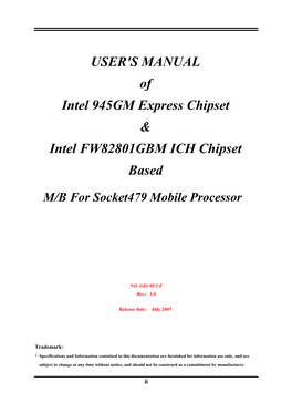 USER's MANUAL of Intel 945GM Express Chipset Intel FW82801GBM