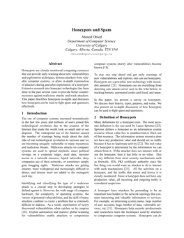 Honeypots and Spam Ahmed Obied Department of Computer Science University of Calgary Calgary, Alberta, Canada, T2N 1N4 Obieda@Cpsc.Ucalgary.Ca