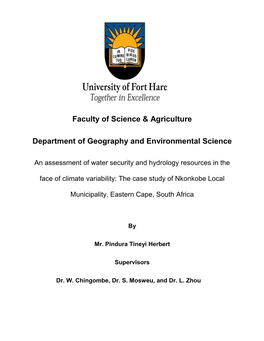 Faculty of Science & Agriculture Department of Geography And