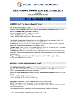 SHOT VIRTUAL FORUM 2020, 8-10 October 2020 PROGRAM (JOINT SHOT‐HSS SESSIONS INCLUDED)