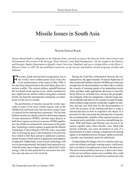 Missile Issues in South Asia