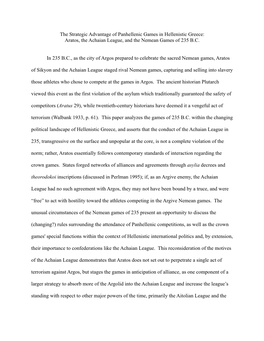 The Strategic Advantage of Panhellenic Games in Hellenistic Greece: Aratos, the Achaian League, and the Nemean Games of 235 B.C