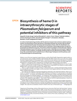 Biosynthesis of Heme O in Intraerythrocytic Stages of Plasmodium Falciparum and Potential Inhibitors of This Pathway Raquel M