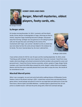 HOBBY ODDS and ENDS Berger, Merrell Mysteries, Oldest Players, Footy Cards, Etc