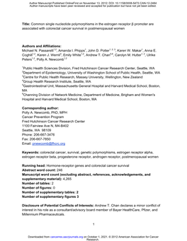 Common Single Nucleotide Polymorphisms in the Estrogen Receptor Β Promoter Are Associated with Colorectal Cancer Survival in Postmenopausal Women