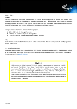 Event Group Plans 2020 - 2021 Purpose Annually, Event Group Plans (EGP) Are Developed to Support the Ongoing Growth of Athletes and Coaches Within Athletics