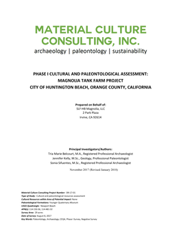 Phase I Cultural and Paleontological Assessment: Magnolia Tank Farm Project City of Huntington Beach, Orange County, California