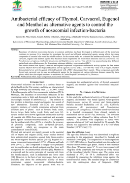 Antibacterial Efficacy of Thymol, Carvacrol, Eugenol and Menthol As Alternative Agents to Control the Growth of Nosocomial Infection-Bacteria