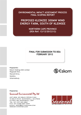 Proposed Kleinzee 300Mw Wind Energy Farm, South of Kleinsee