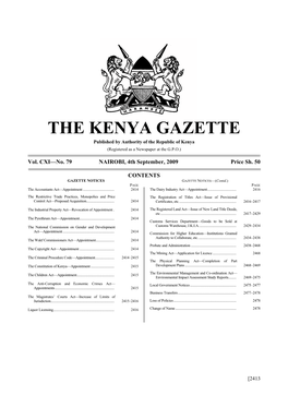 THE KENYA GAZETTE Published by Authority of the Republic of Kenya (Registered As a Newspaper at the G.P.O.)