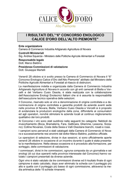 I Risultati Del'“6° Concorso Enologico Calice D'oro Dell'alto Piemonte