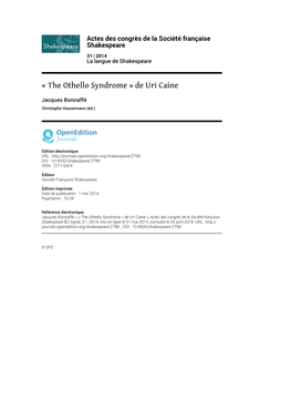 « the Othello Syndrome » De Uri Caine