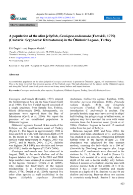 A Population of the Alien Jellyfish, Cassiopea Andromeda (Forsskål, 1775) (Cnidaria: Scyphozoa: Rhizostomea) in the Ölüdeniz Lagoon, Turkey