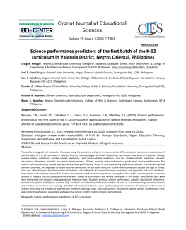 Science Performance Predictors of the First Batch of the K-12 Curriculum in Valencia District, Negros Oriental, Philippines Craig N