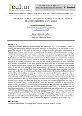 Reality of Tourism Management: Business Viability and Tourists’ Behaviour in Plateau State, Nigeria