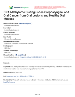 DNA Methylome Distinguishes Oropharyngeal and Oral Cancer from Oral Lesions and Healthy Oral Mucosa