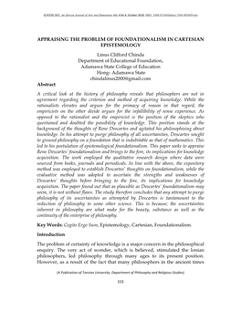 APPRAISING the PROBLEM of FOUNDATIONALISM in CARTESIAN EPISTEMOLOGY Linus Clifford Chinda Department of Educational Foundation