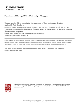 Wayang Potehi: Glove Puppets in the Expression of Sino-Lndonesian Identity Author(S): Josh Stenberg Source: Journal of Southeast Asian Studies, Vol