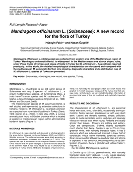 Mandragora Officinarum L. (Solanaceae ): a New Record for the Flora of Turkey