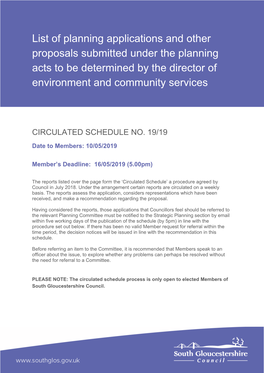 List of Planning Applications and Other Proposals Submitted Under the Planning Acts to Be Determined by the Director of Environment and Community Services