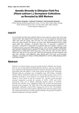 Genetic Diversity in Ethiopian Field Pea (Pisum Sativum L.) Germplasm Collections As Revealed by SSR Markers