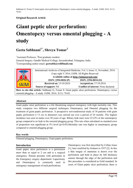 Giant Peptic Ulcer Perforation: Omentopexy Versus Omental Plugging - a Study