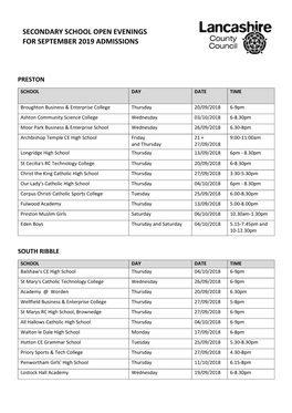 Open Evenings South (Revised 11 Sept)