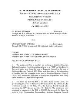 Railway Protection Force Act Reserved On: 07.02.2013 Pronounced On: 04.03.2013 W.P