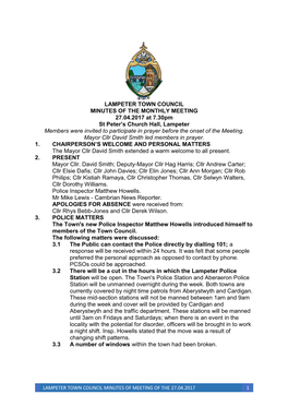 Lampeter Town Council Minutes of the Monthly