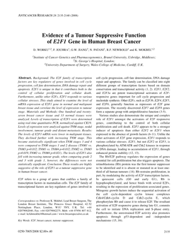 Evidence of a Tumour Suppressive Function of E2F1 Gene in Human Breast Cancer D